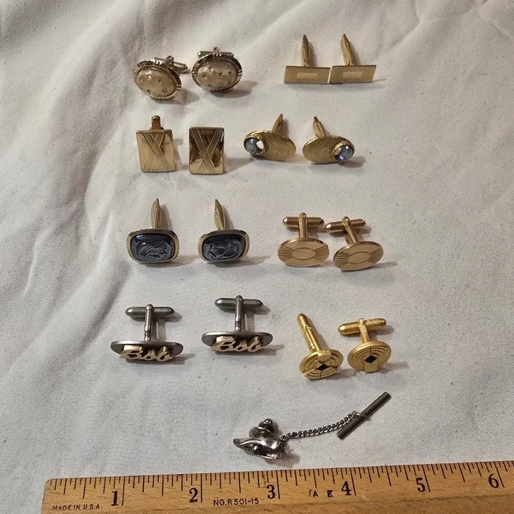 Vintage Mens Cufflinks Tie Tac Lot Gold Silver Tone Mid Century Modern Bob Star